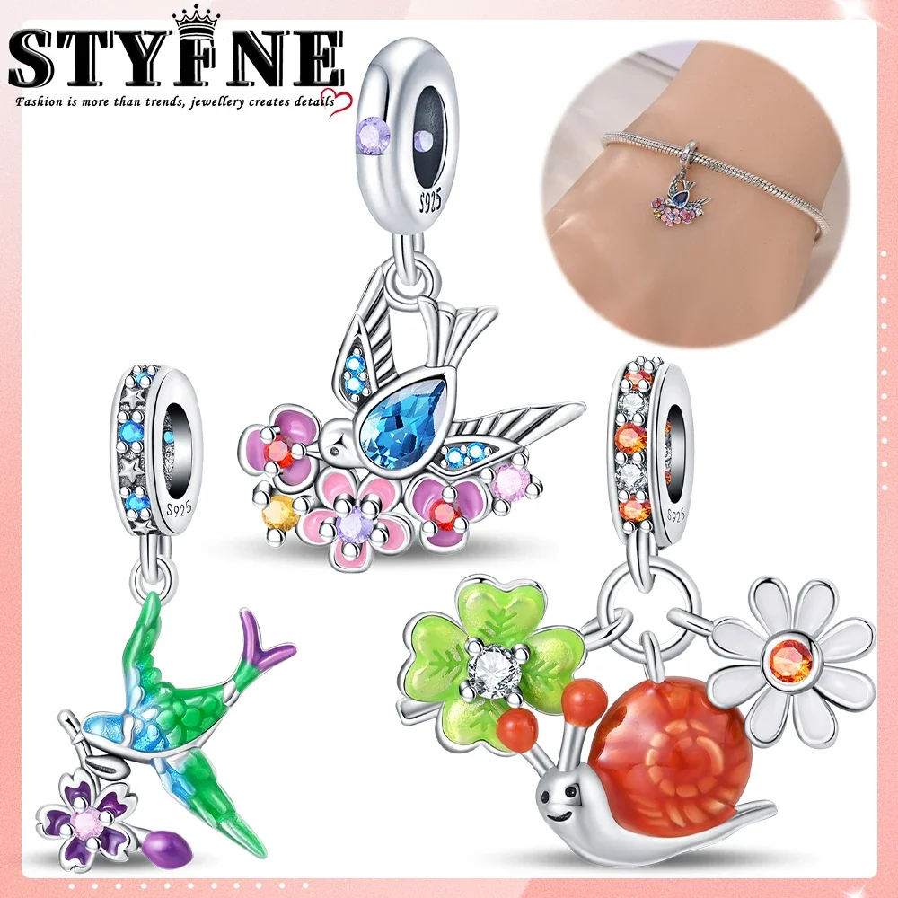 2025 Spring 925 Pure Silver Snail, Welcome Spring Swallow Trio Pendant Set Charms Beads Fit Original Bracelets DIY Jewelry