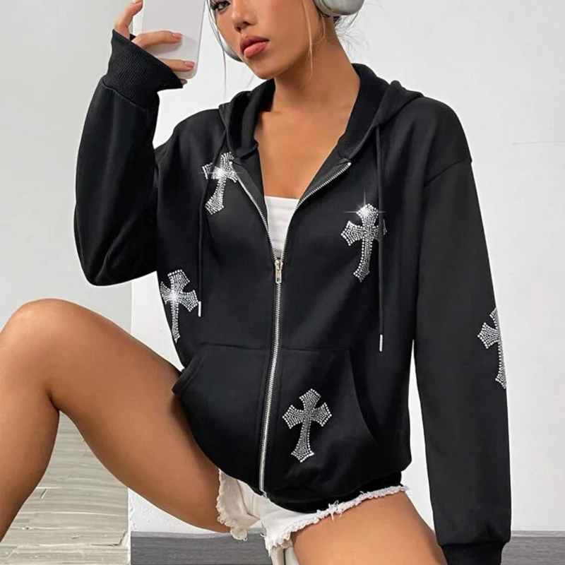 New Zip Up Hoodie Rhinestone Goth Long Sleeve Hoodies Hip Hop Punk Joggers Sweatshirt Y2k Jacket Men And Woman Sport Coat