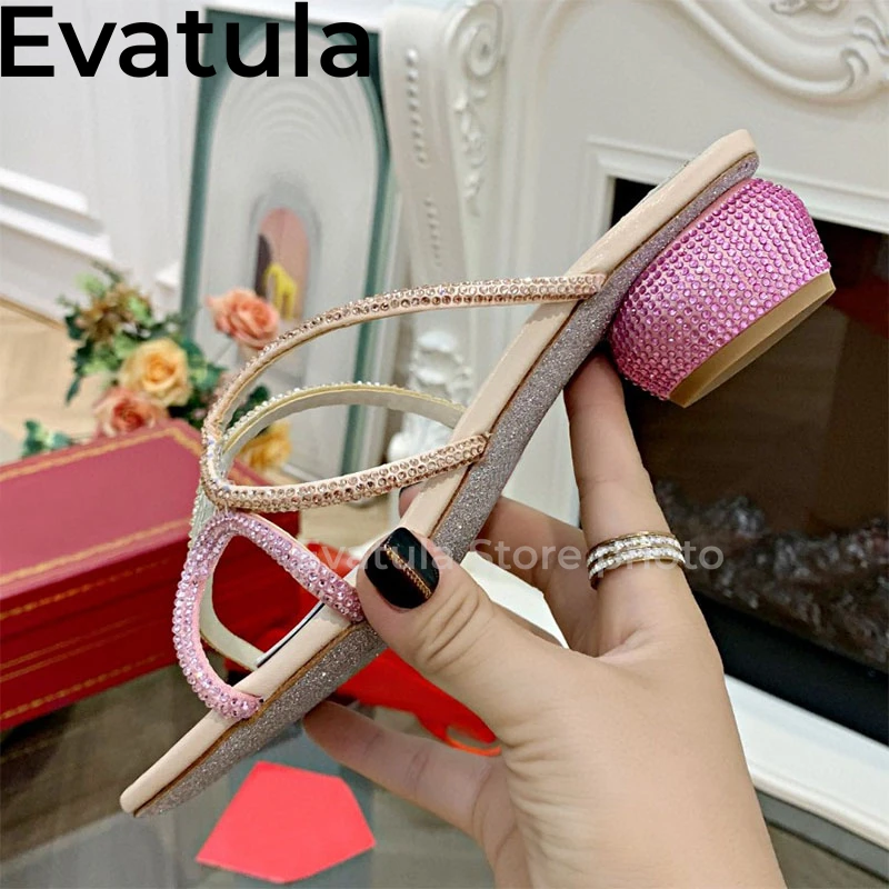 2024 Summer Round Mid Heel Crystal Slippers For Women Designer Open Toe Rhinestone Mules Fashion Party Dress Slides Shoes Ladies