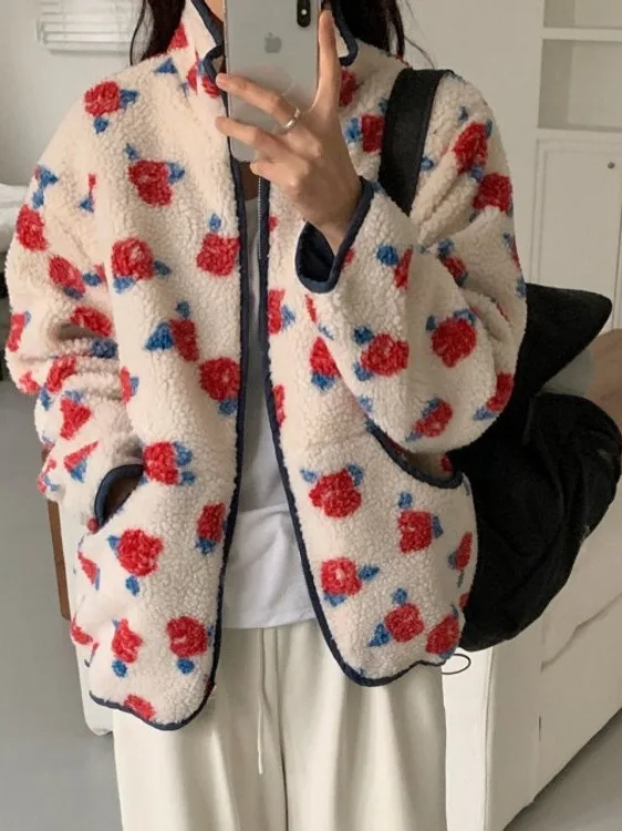 

Retro Floral Loose Fit Lamb Fur Cotton Jaet Women's Winter New Sle Stand Collar Soft Warmth Korean Sle Thiened Zipper