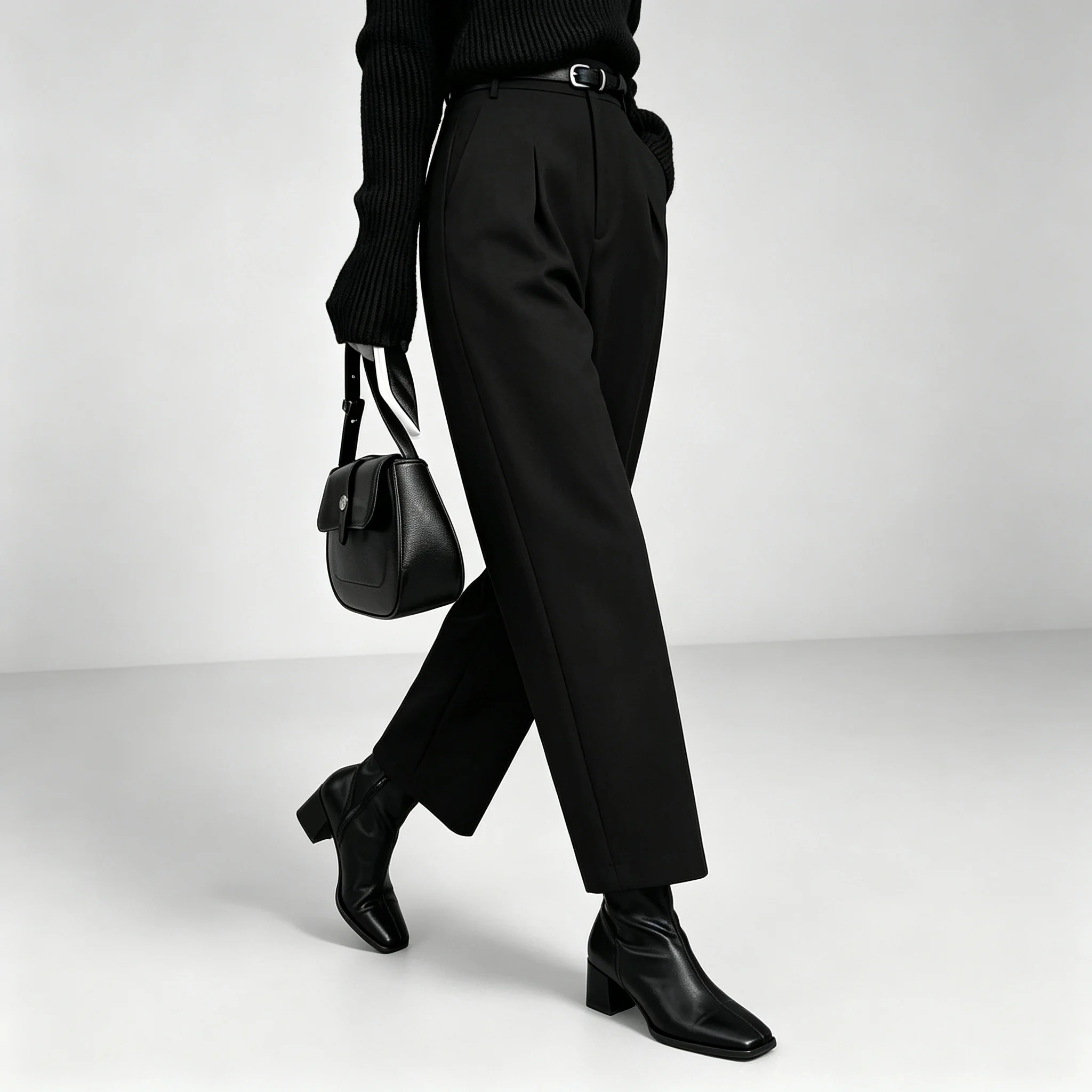Damen Anzughose in Heather-Grau mit hoher Taille, weitem Bein, Gürtel und knöchellanger Länge für Arbeit, Business und Casual. – Detail 4