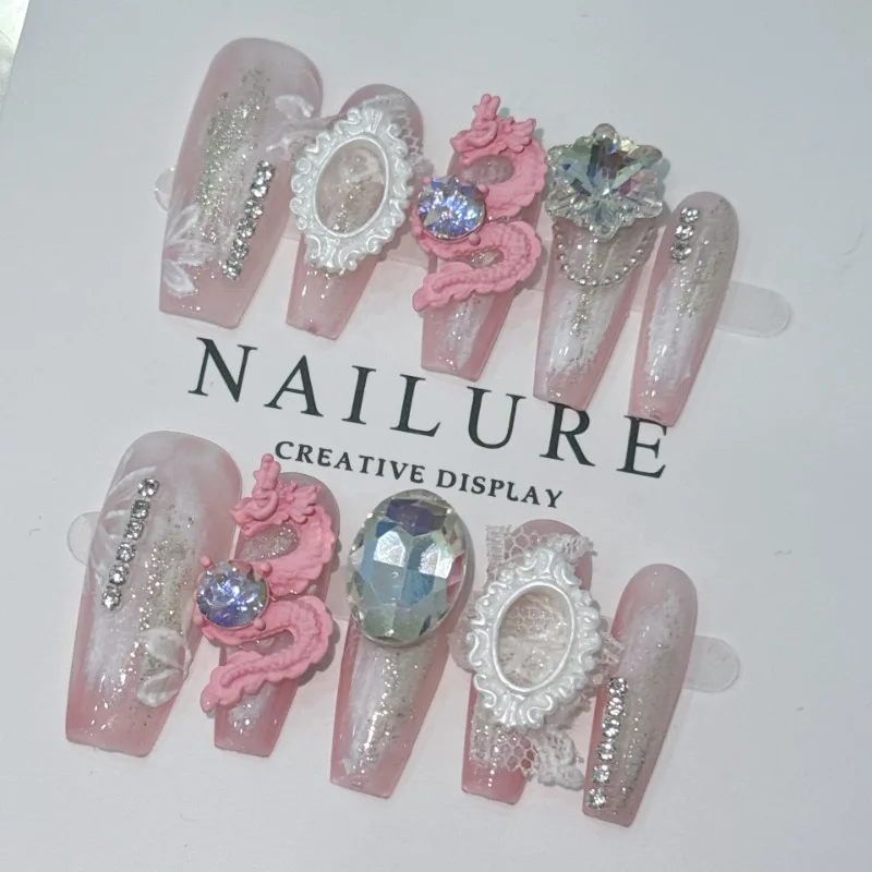 New Year Festive Atmosphere Press On Nails Handmade Chinese Dragon Diamonds Sweet Cool Spice Girls Embossed Fake Nails