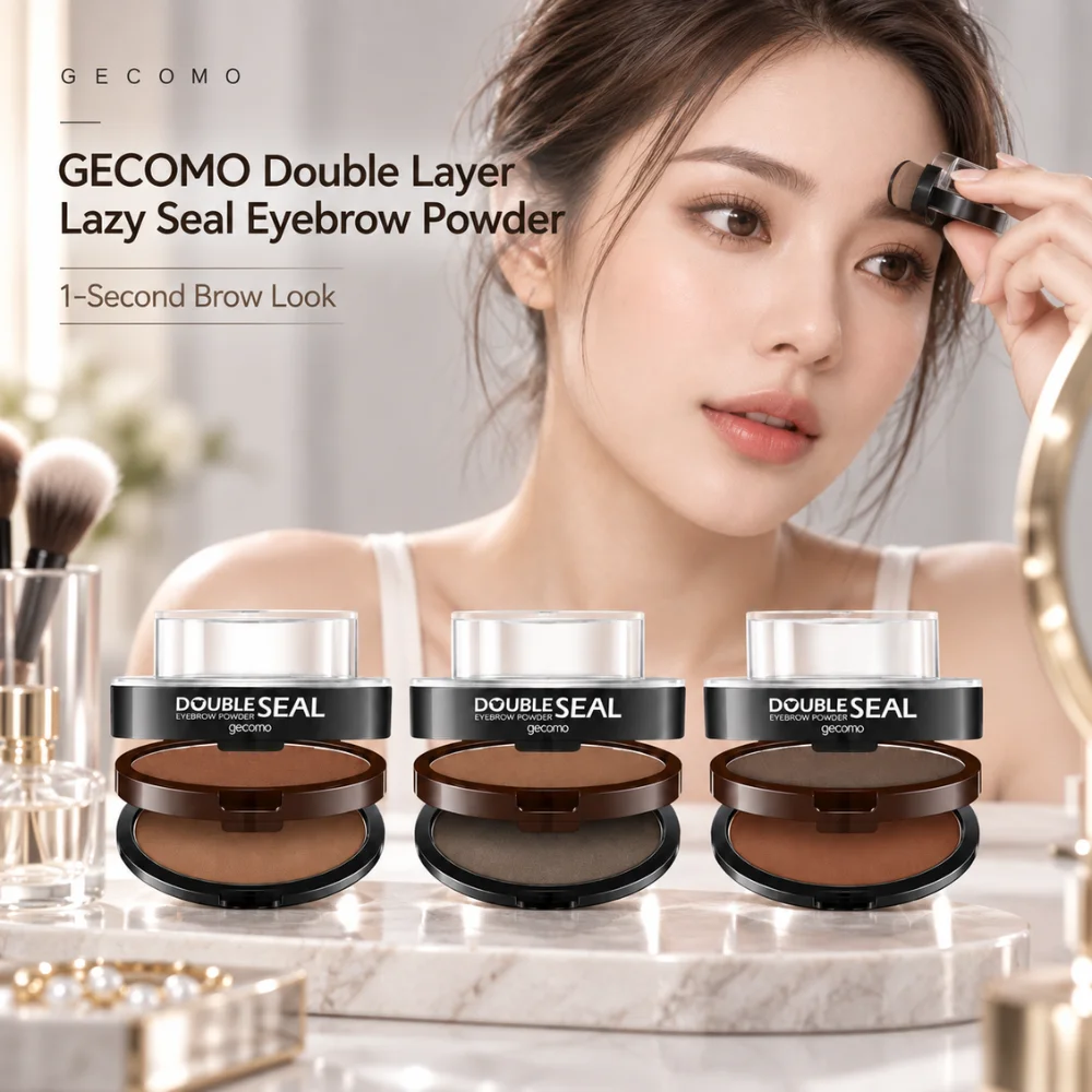 Double Seal Eyebrow Powder Stamp 11g Dual Tone Brow Kit with 3 Shape Stencils Dual End Brush Quick Natural Brow Makeup