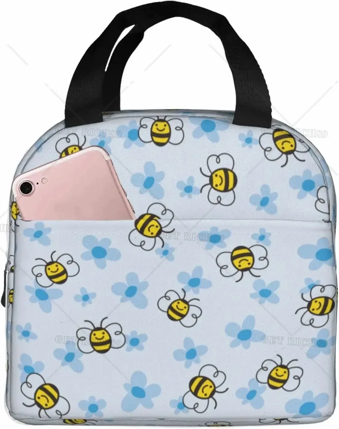 Cartoon Bee Yellow Insulated Lunch Bag for Kids Boys Girls Washable and Reusable Thremal Lunch Box for School Picnic