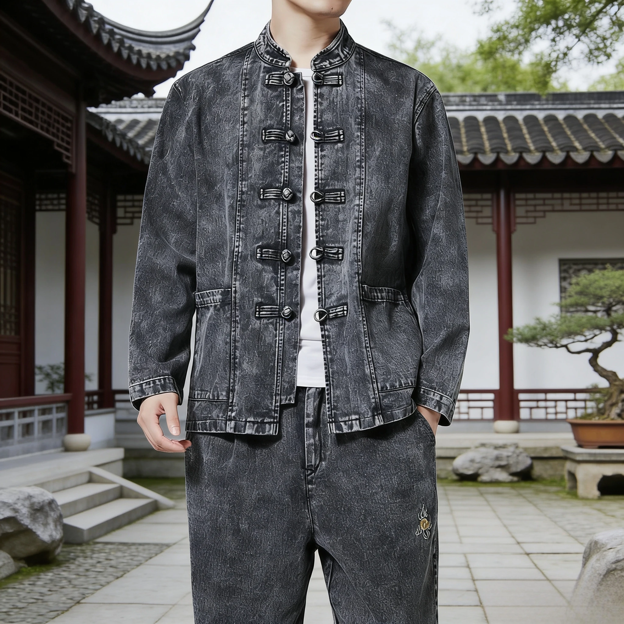 New Chinese Retro Button down Denim Jacket Men's Straight Leg Pants Two-Piece Set Autumn Fashion Casual Pure Color Youth Clot...
