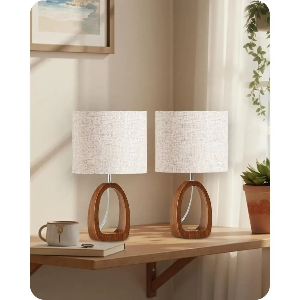 

GOEBLESON Wood Table Lamps Set o 2, 14.2" Small Bede Lamp with Beige Linen Lampshade & k Pearwood Base, ern Nightsantd Lamps, Cu