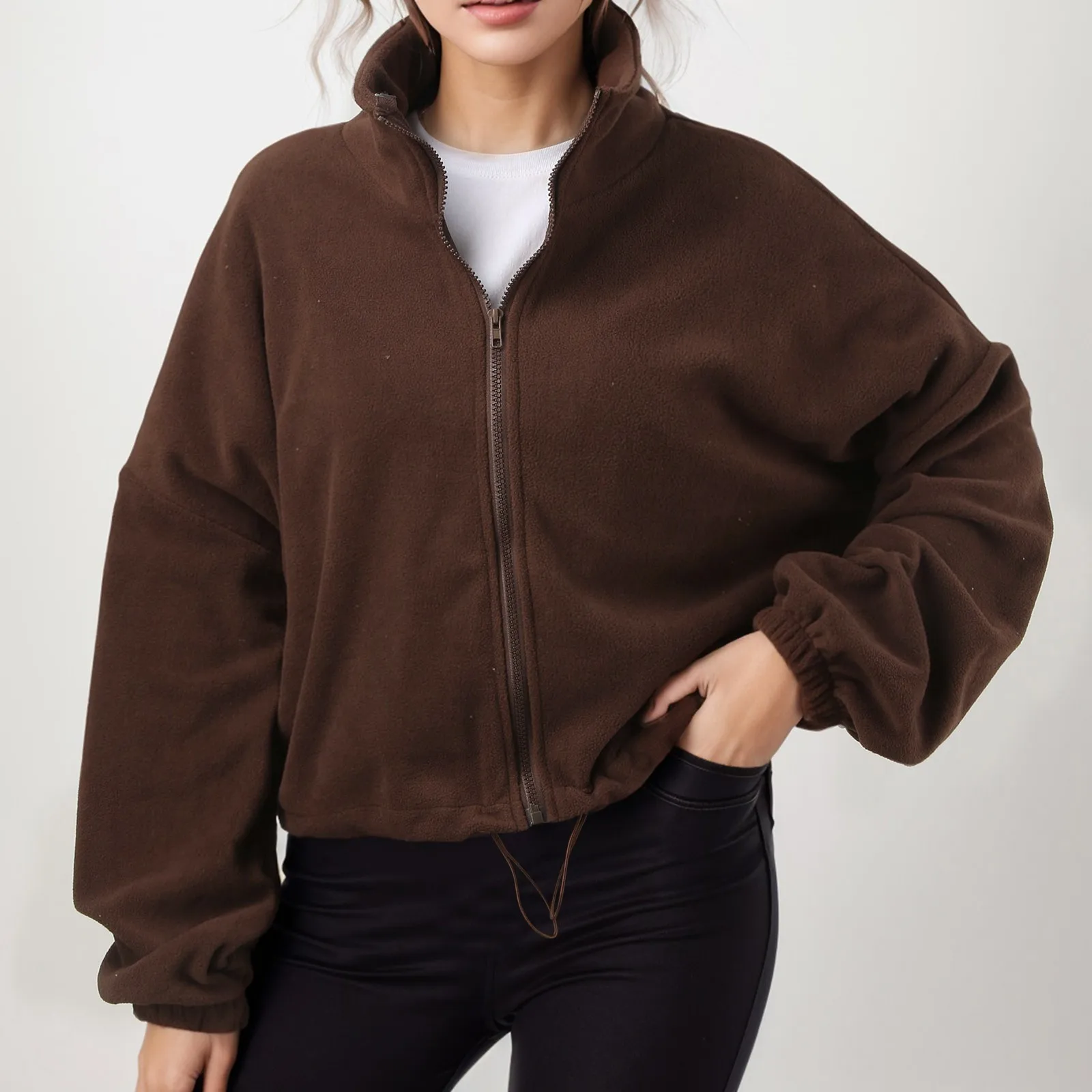 2024 New Plush Zip Up Hoodies Brown Drawstring Cropped Hoodie Long Sleeve Stand Collar Sweatshirt Ropa De Mujer