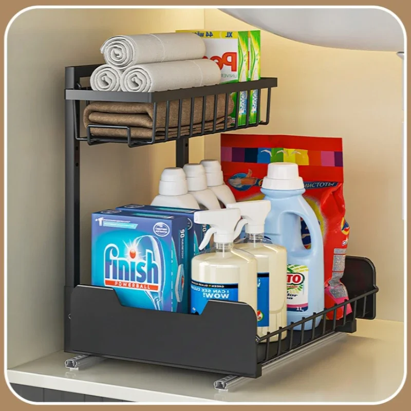 Kitchen Sink Lower Shelf Storage Pull Basket Two-way Guide Rail Bathroom Toilet Cabinet Layered Pull Basket