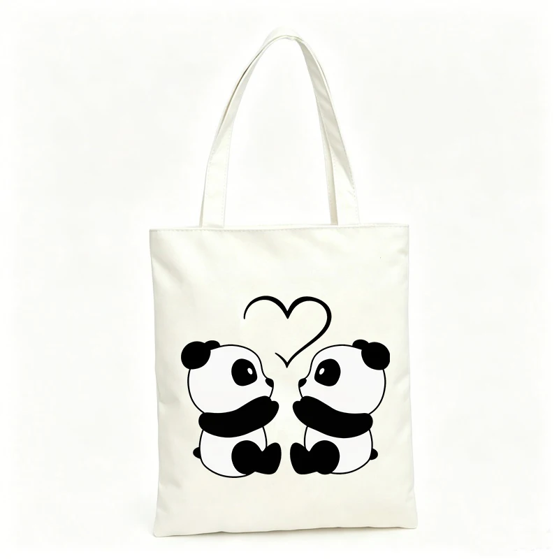 Women's cute panda graphic canvas tote bag, casual style for daily shopping and outings