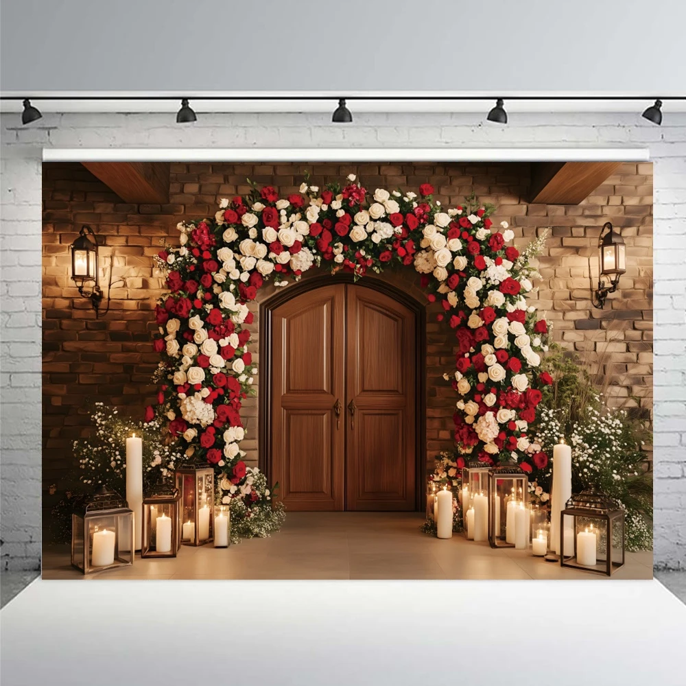 Valentine's Day Roses Wooden Door Backdrop February 14 Flower Candle Romantic Confessions Wedding Shower Photo Background Studio