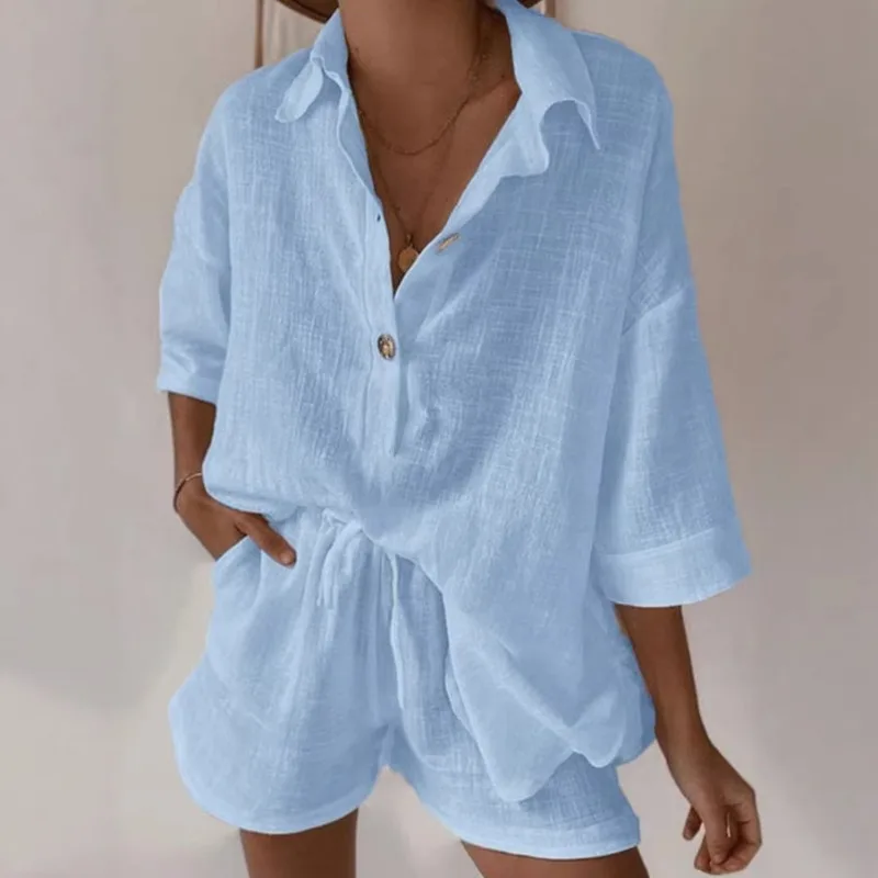 

Women's Cotton Linen 2PCS Outfit Button Up Shirt Drawstring Shorts Summer Casual Set