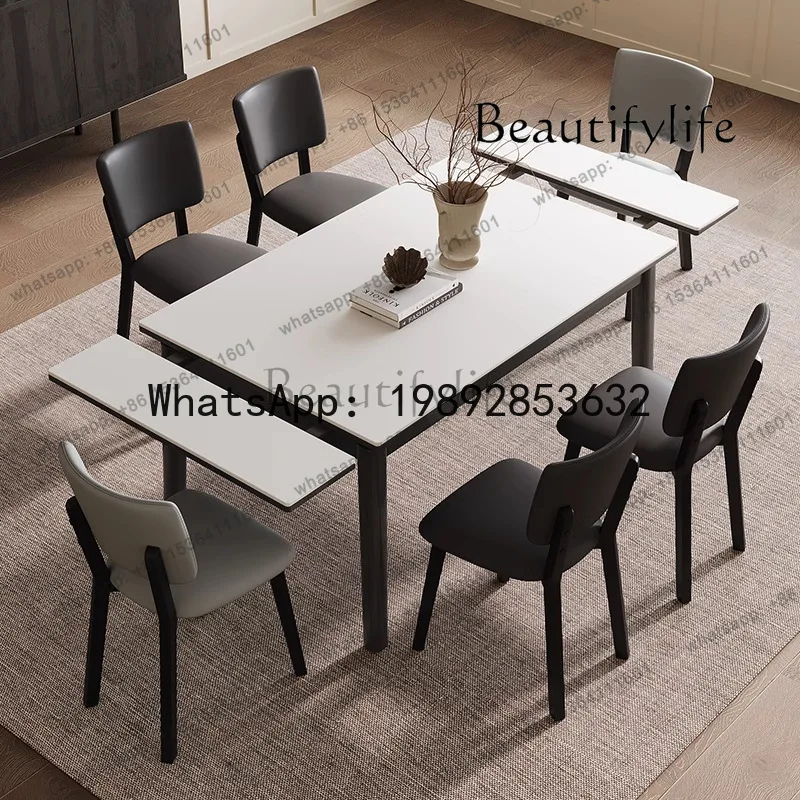 Cream wind minimalist rock slab telescopic folding dining table and chair combination rectangular  modern simple solid wood