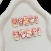 10pcs Handmade Pink Press on Nails Sweet Cute Strawberry Bow Decor Fake Nail Tips Wearable 3D Cute Rabbit Korean False Nails