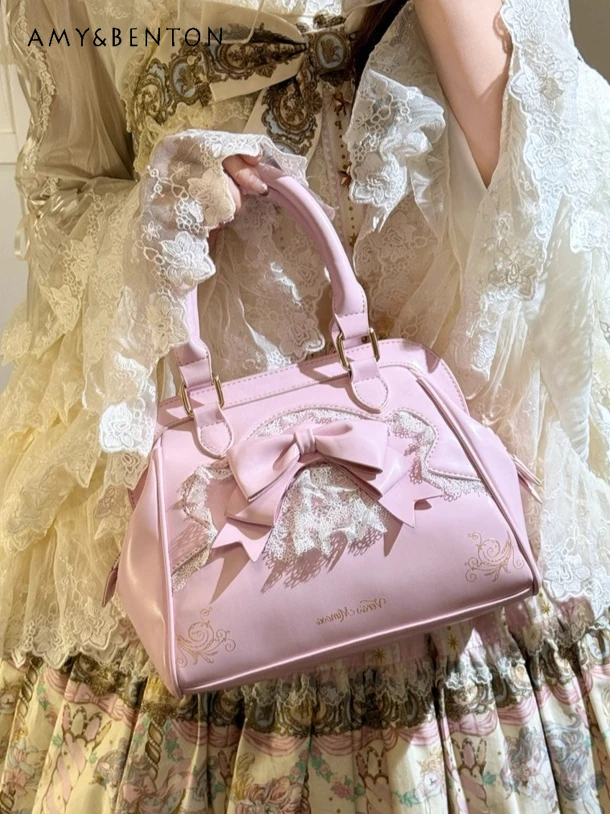 

Graceful Sweet Girl Bow Lace Versatile Lolita Original Handbag Women Elegant Fairy Style Retro Print Small Capacity Shoulder Bag