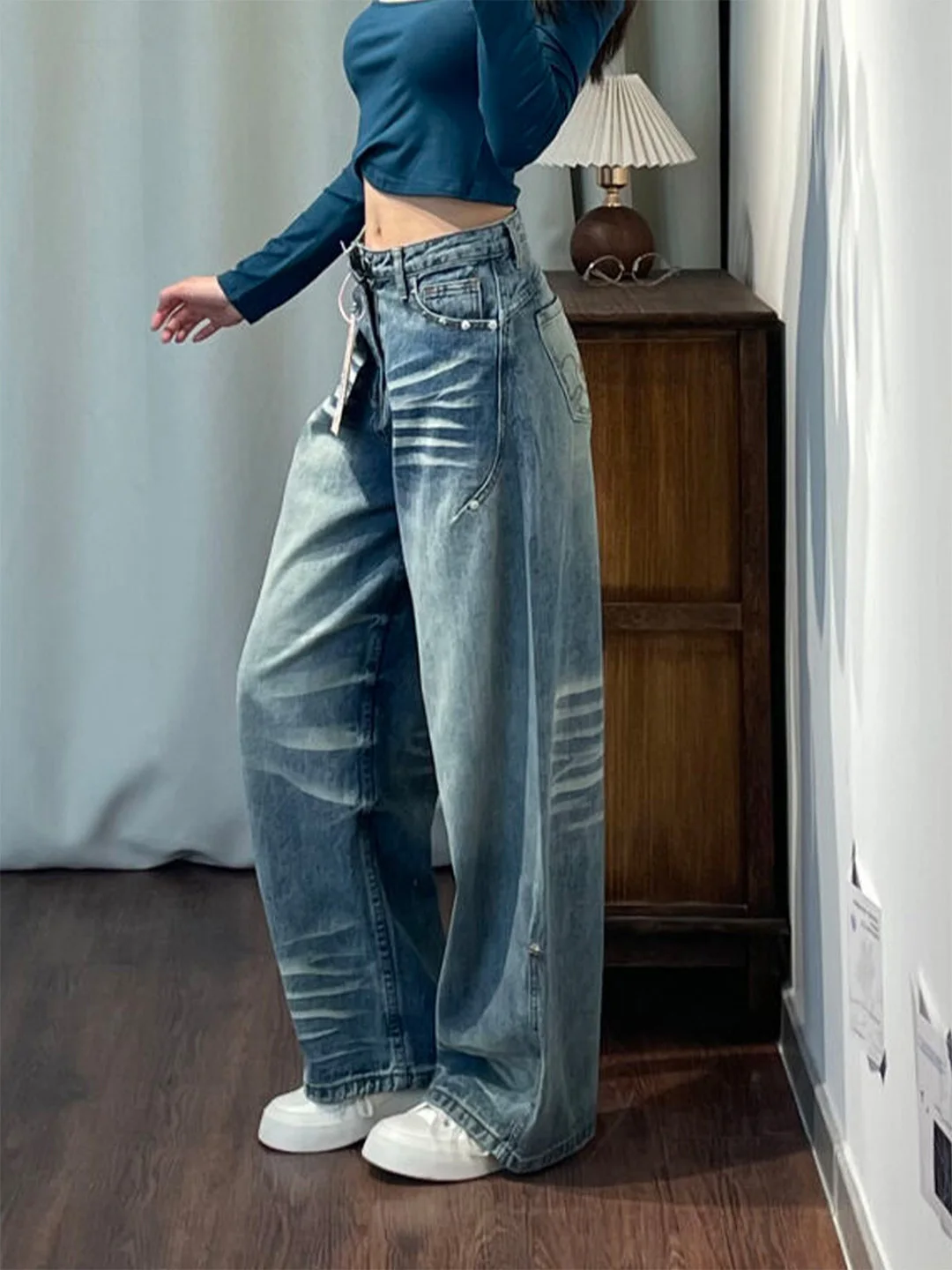 

Summer 2026 Women's Loose Fit Wide Leg Denim Jeans Pocket Embroidery Washed American Style Low Waist Trousers Anti-Wrinkle
