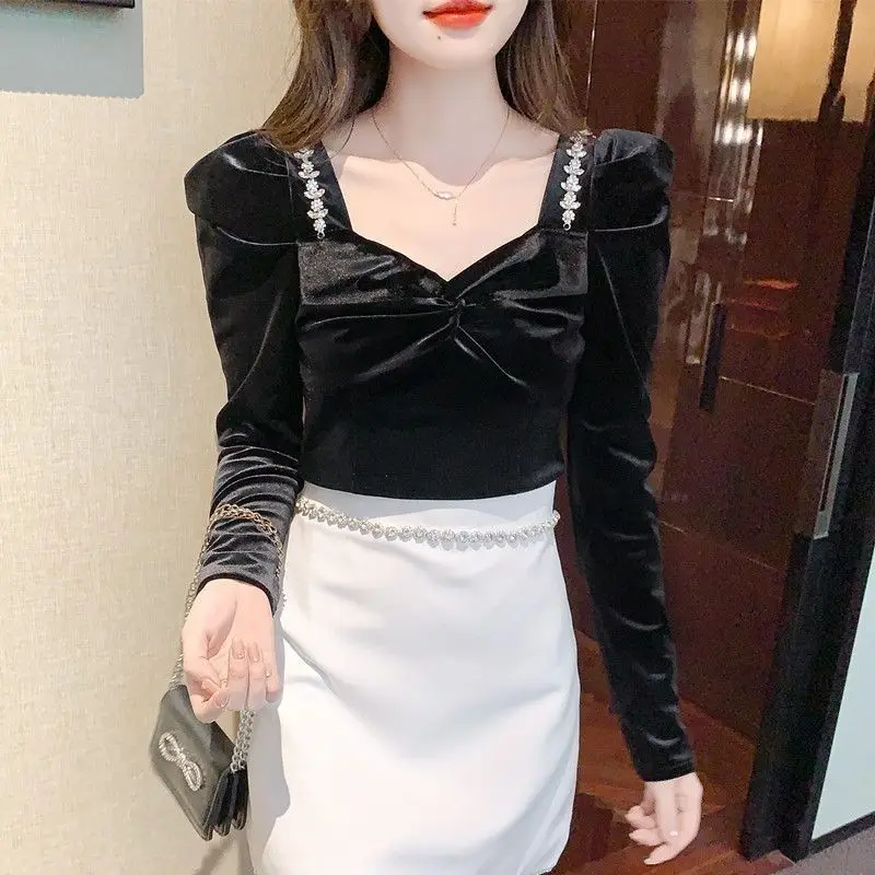 Camisa e blusa feminina de veludo slim fit, nova coleção 2025, streetwear, elegante, jovem, roupas bonitas, tendência, tops femininos jovens