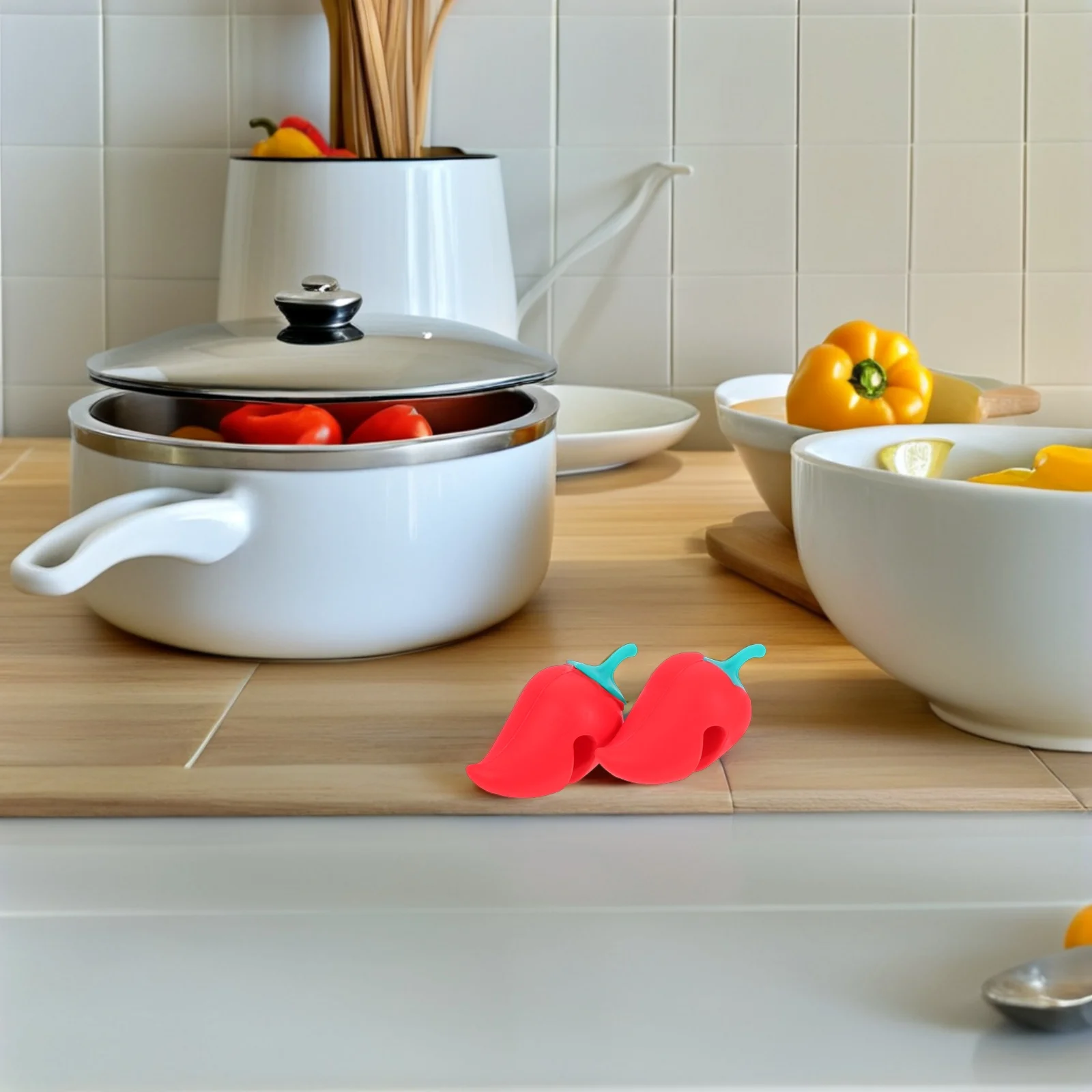 

2 шт., форма перца, пробка для кипячения, защита от разливов, пароотводчик, силиконовый подъемник для крышки, держатель для крышки, красные кухонные аксессуары
