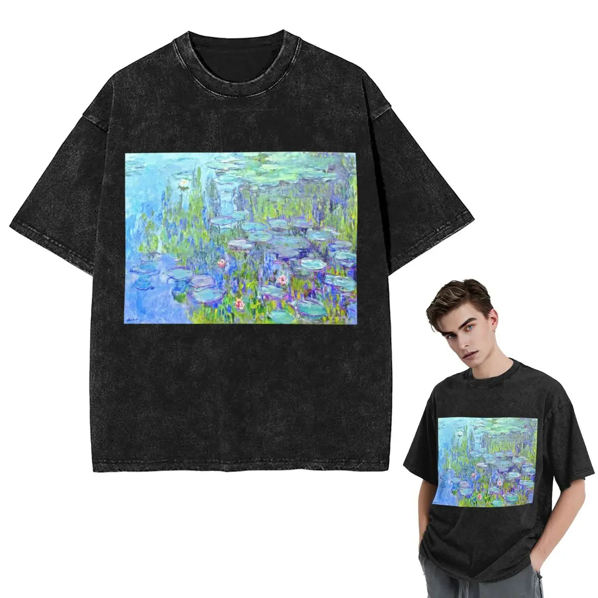 Streetwear T-Shirts Female Long Water Lilies Claude Monet Washed T Shirt Short Sleeve Hip Hop T-Shirt Tops Tees for Men Women