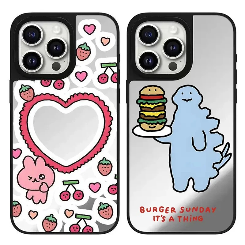 Cartoon Dinosaur Hamburger Mirror Magnetic Phone Case Cover for IPhone 11 12 13 14 15 Pro Max Case