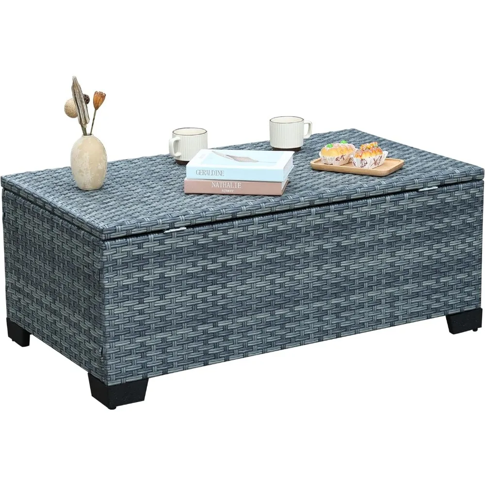 

Outdoor Storage Table Wicker Patio Coffee Table All-Weather Rattan Side Table with Waterproof Cover