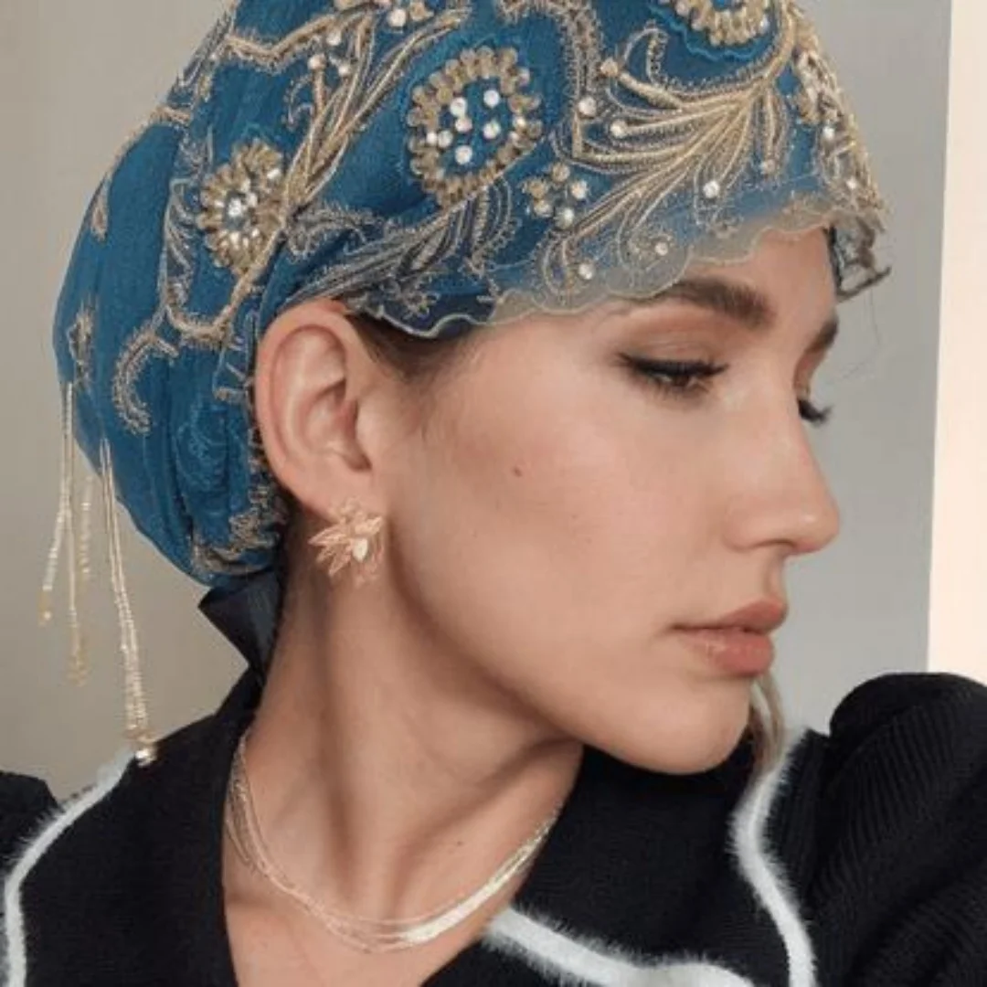 Turban Hat for Women Lace Rhinestone Muslim Hijab Beanie Cap Chic Floral Embroidery Headwrap Prayer Hat 3