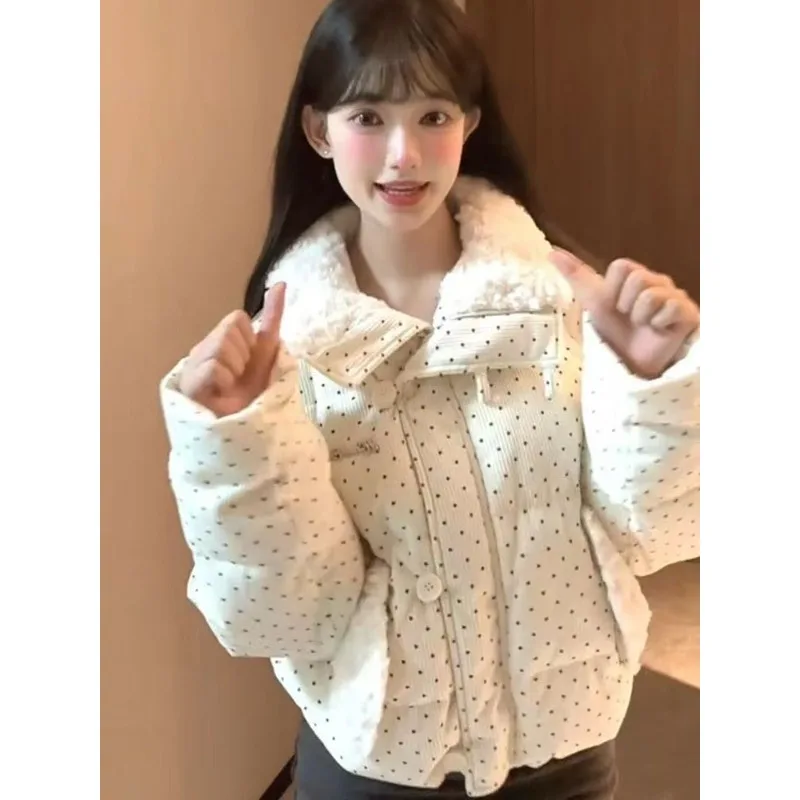 

New Fur Collar Sweet Winter Thick Loose Outerwear Polka Dot Cotton-padded Jacket Cotton-padded Jacket Bread Short Style Coat