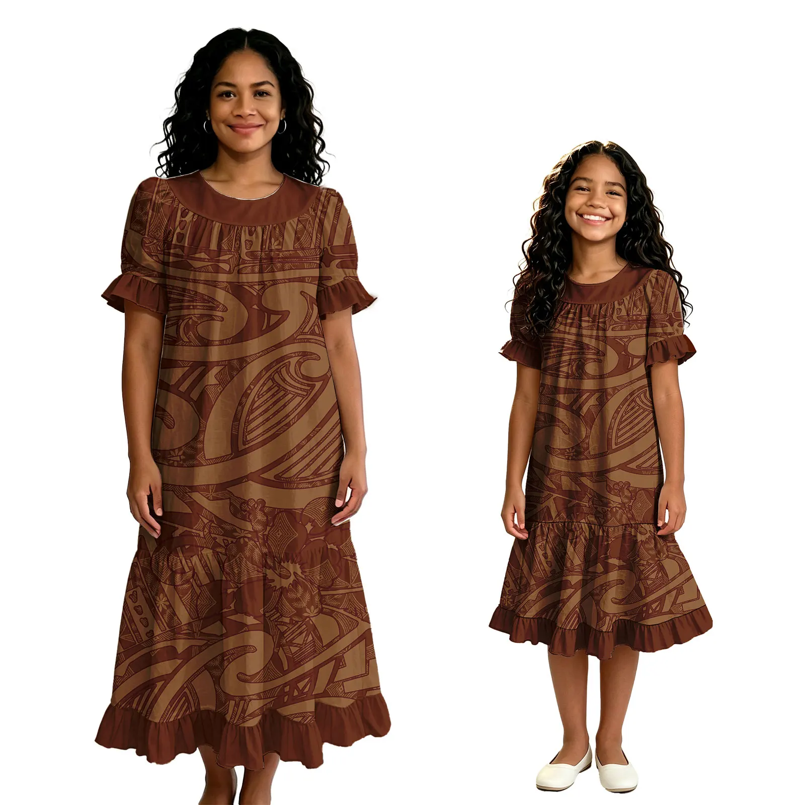 Polynesian Island Mother and Children Fiji Tapa Tribal Design Ladies Girls Clothes Custom Ruffles Samoan Dresses for Women Kids