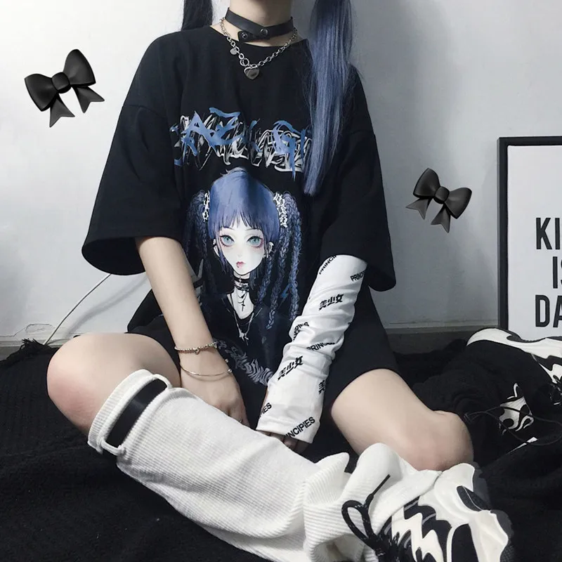 Gothic Clothes Loose T-shirts Harajuku Style Print Anime T-shirt Streetwear Female Short Sleeve Woman T-shirt E Girl Clothes