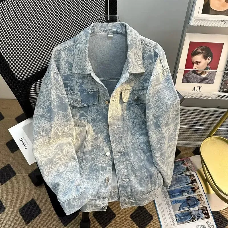 2025 New Workwear letter jacket jacquard casual new denim cool shirt men's loose lapel jacket Women Korean Version Lazy Wind