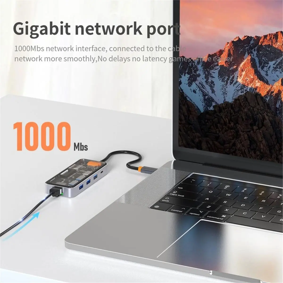 Clear USB Hub with RJ45 Gigabit Ethernet, 4K -Compatible 2.0 Output, 100W PD Charging, Dual Micro/SD Card Reader
