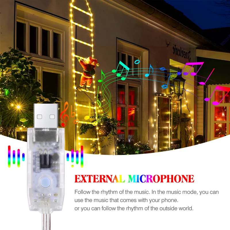 App Control LED Santa Claus Ladder Light With Music Waterproof Xmas Tree Hanging Strip Light For In/Outdoor Window Garden Decor