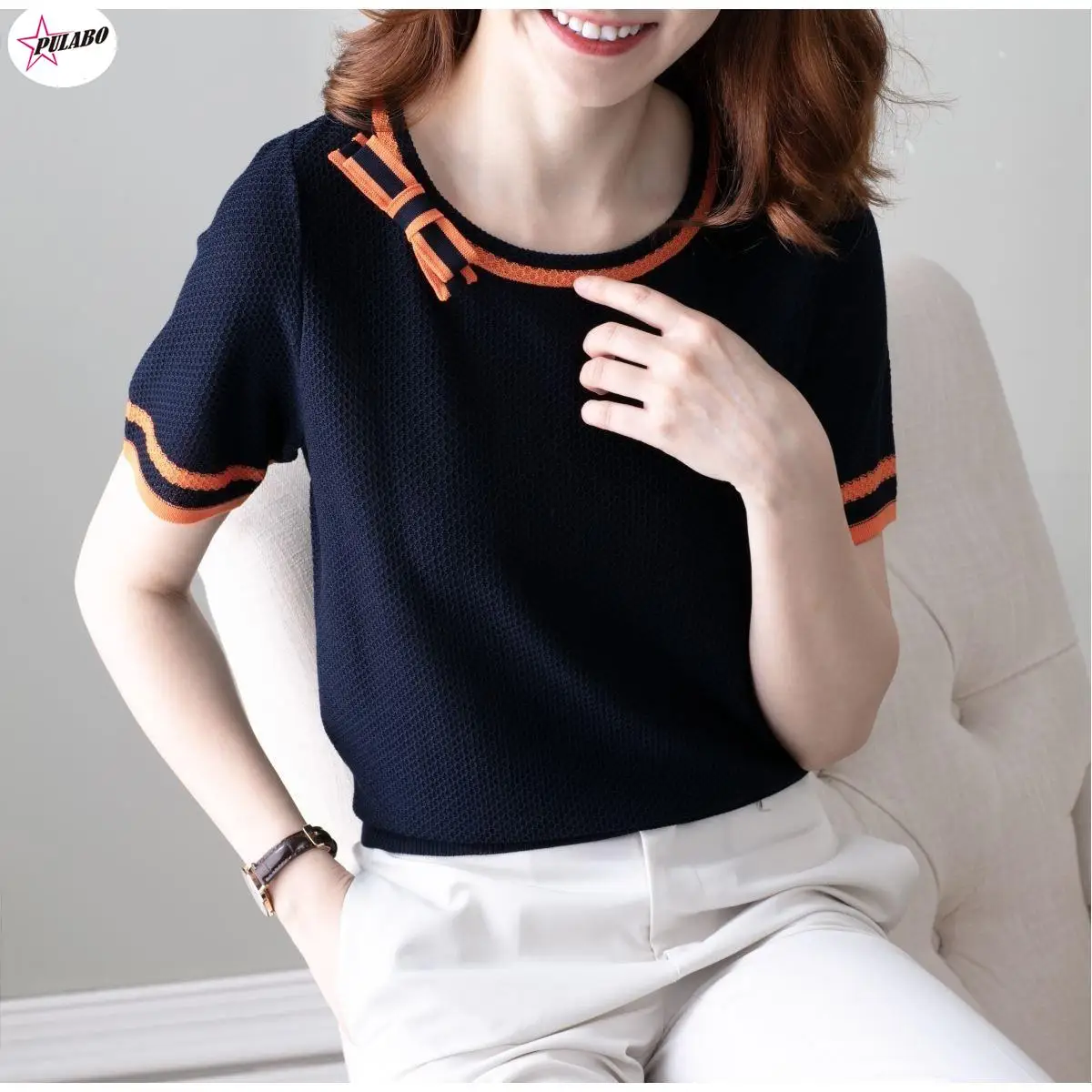 PULABO Knitted T Shirt Women Bow Patchwork Short Sleeve T-Shirt Korean Fashion Womens Clothing Summer Top Thin Tee Shirt Femme