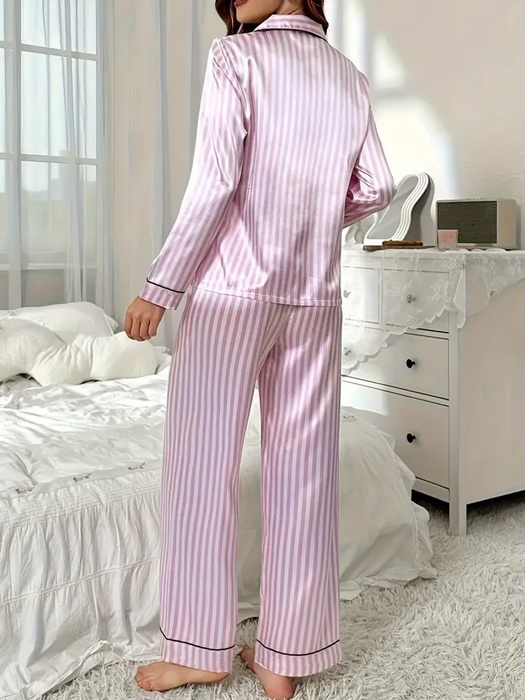 Autumn Winter Striped Pajamas Set for Women Sleepwear Long Sleeve Button Top and Long Pants Set Homewear Loungewear
