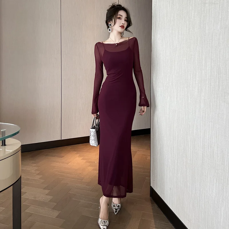 

2023 Korean Style Ladies Summer Dresses for Women Spring Elegant Mesh Party Dress Slash Neck Bodycon 2 Piece Long Dress Vestidos