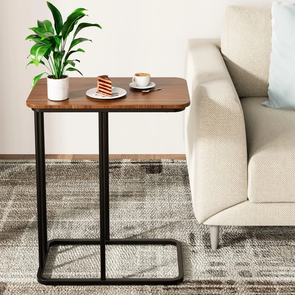 

C Shaped Side Table, Small End Table MDF Black Walnut Coffee Table, Modern Simplicity C End Table with Steel Frame for Living Ro