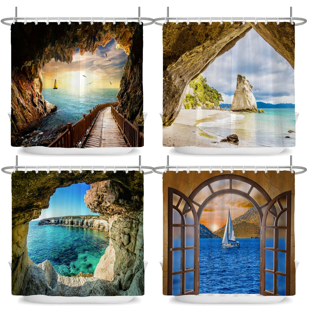 

Seaside Scenery Shower Curtain Set Sea Cave Landscape Home Bathtub Curtain Home Decor Waterproof Polyester Bathroom Curtains