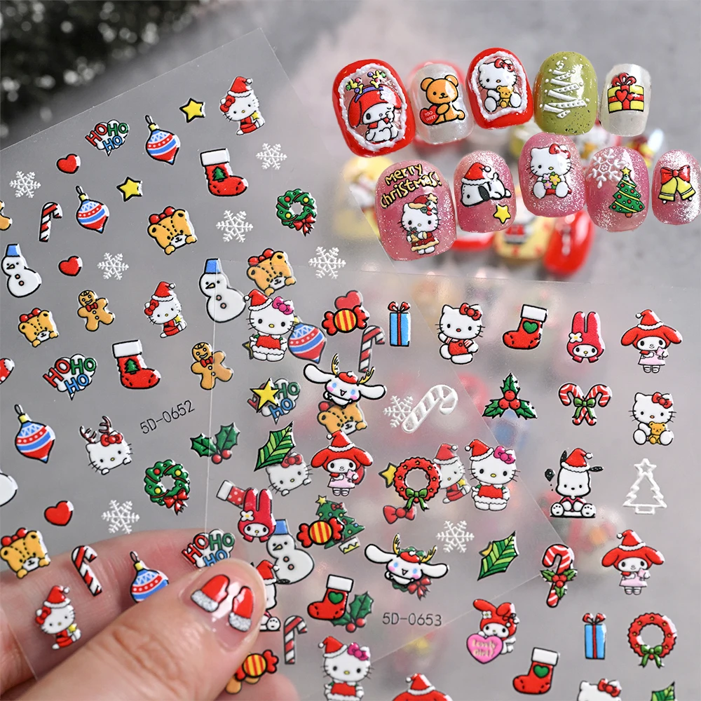 5D Nuovo Hello Kitty Pelle di Natale Adesivi per unghie 3D Simpatico cartone animato Natale Kuromi My Melody Decalcomanie per unghie Autoadesive Kawaii Nail Deco
