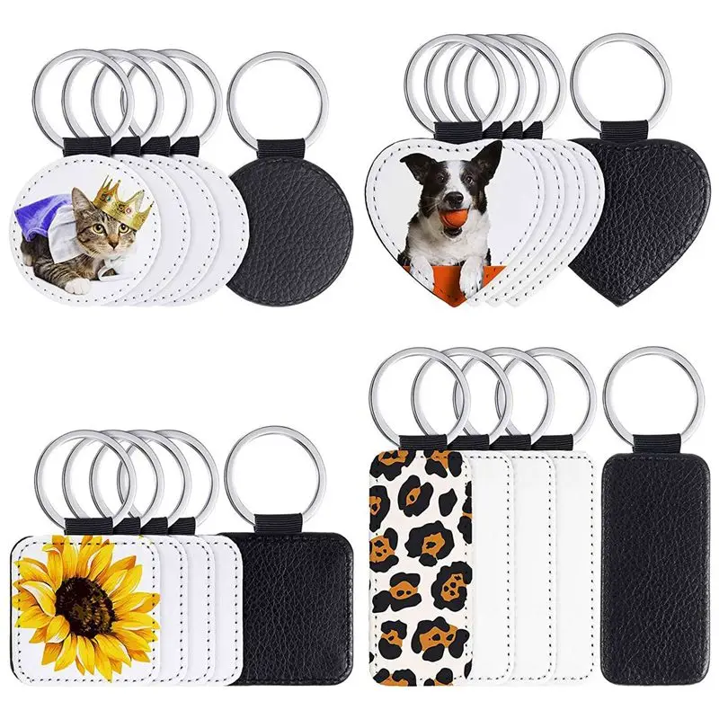 AT63-60 Pieces Sublimation Blank Keychains PU Leather Keychain Pendant Heat Transfer Keychain Ornament For DIY Crafts Making