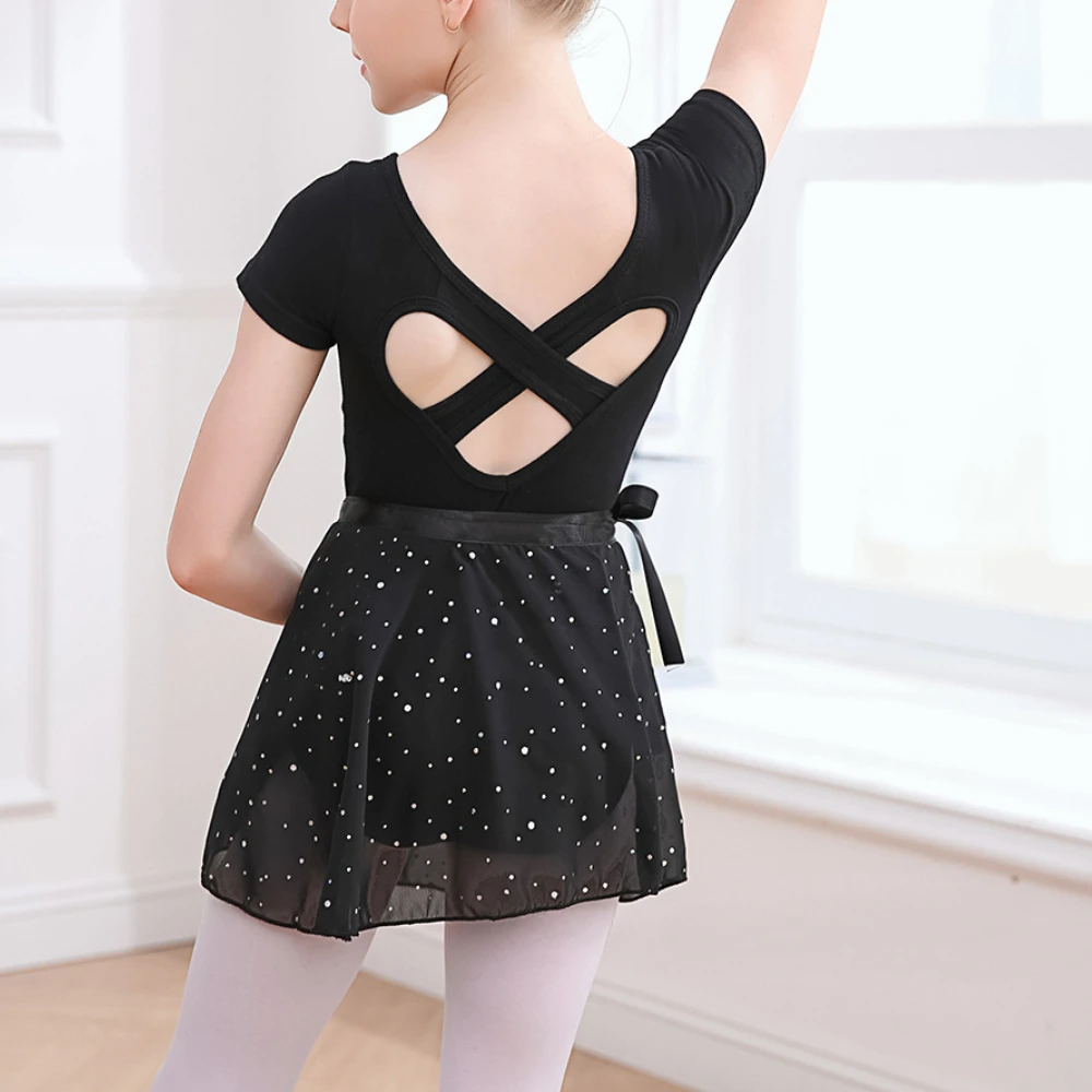 Costumes de danse 2 pièces pour enfants filles, justaucorps de Ballet à dos croisé avec jupe portefeuille à nouer soi-même, ensemble pour spectacle de pratique de base en équipe