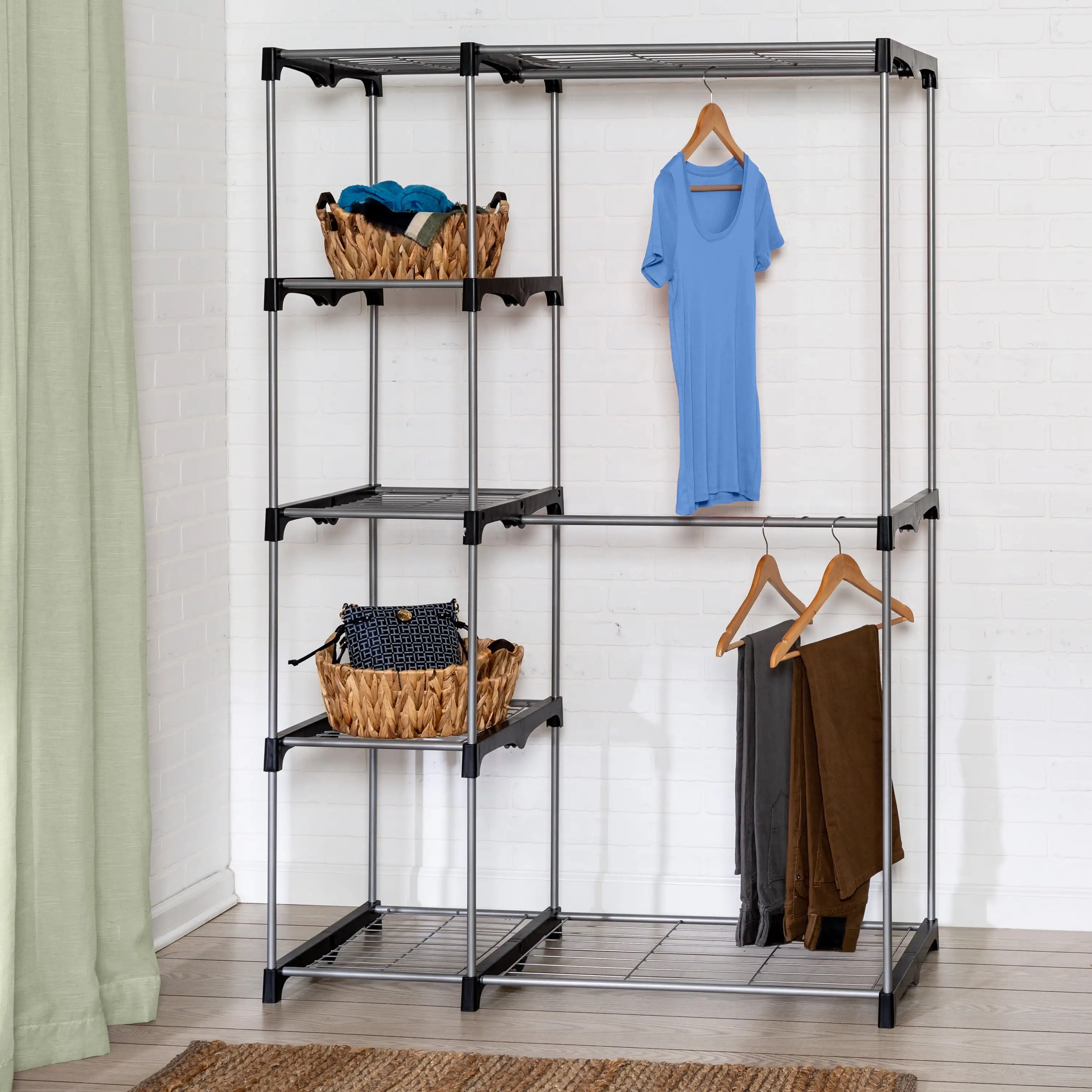 

Steel and Plastic Double Rod Freestanding Closet with 4 Shelves, Silver/Black