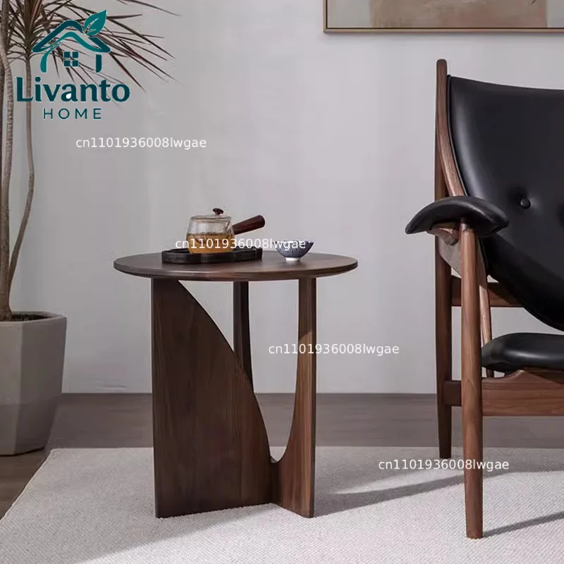 

Nordic Round Coffee Table Solid Wood Sofa Side Table Black Walnut Bedside Desk Minimalist Living Room Furniture for Small Spaces
