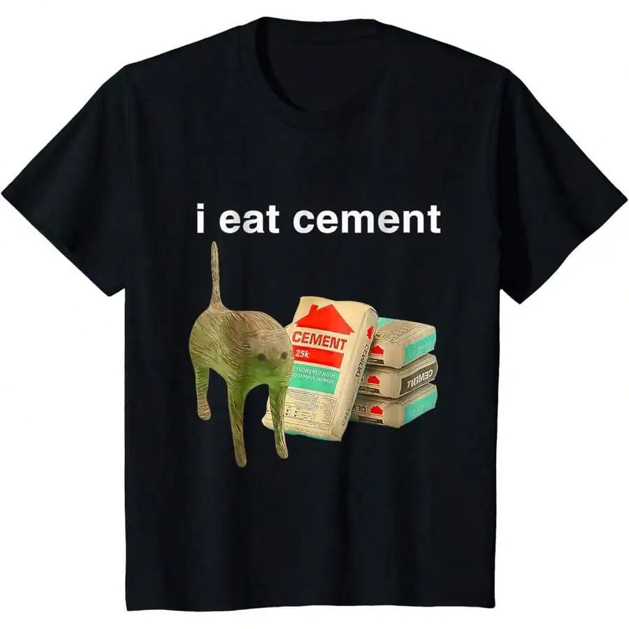 I Eat Cement Cursed Cat Funny Oddly Specific Dank Meme T-Shirt 100% Cotton Trendy Y2K Short-Sleeve Tee – Soft, Quick-Drying, &