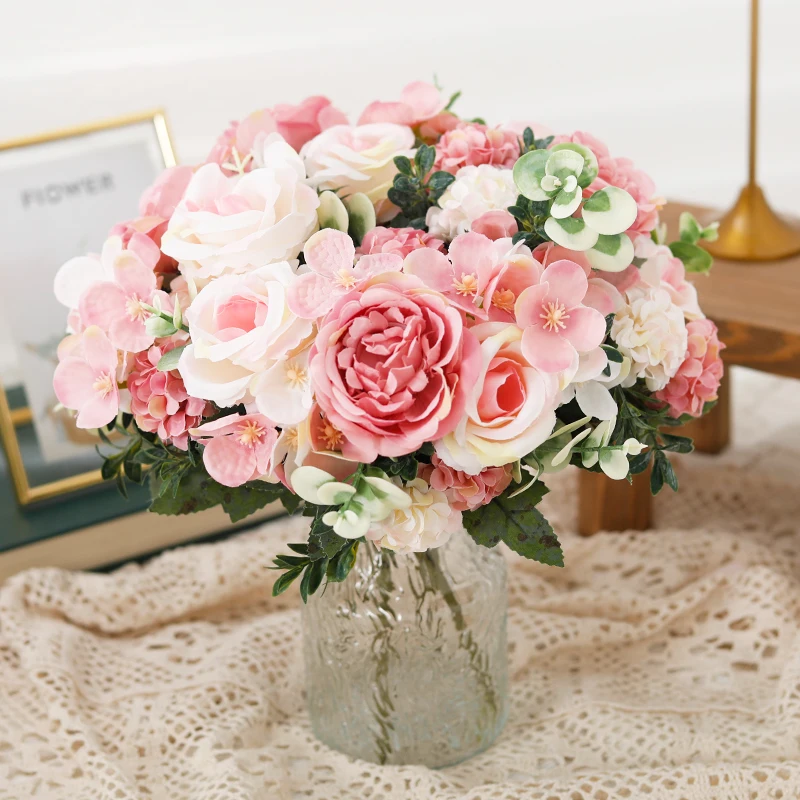 Artificial Silk Flowers High Quality Rose Bridal Bouquet Hydrangea Christmas For Home Party Wedding Vases Decoration Fake Plant