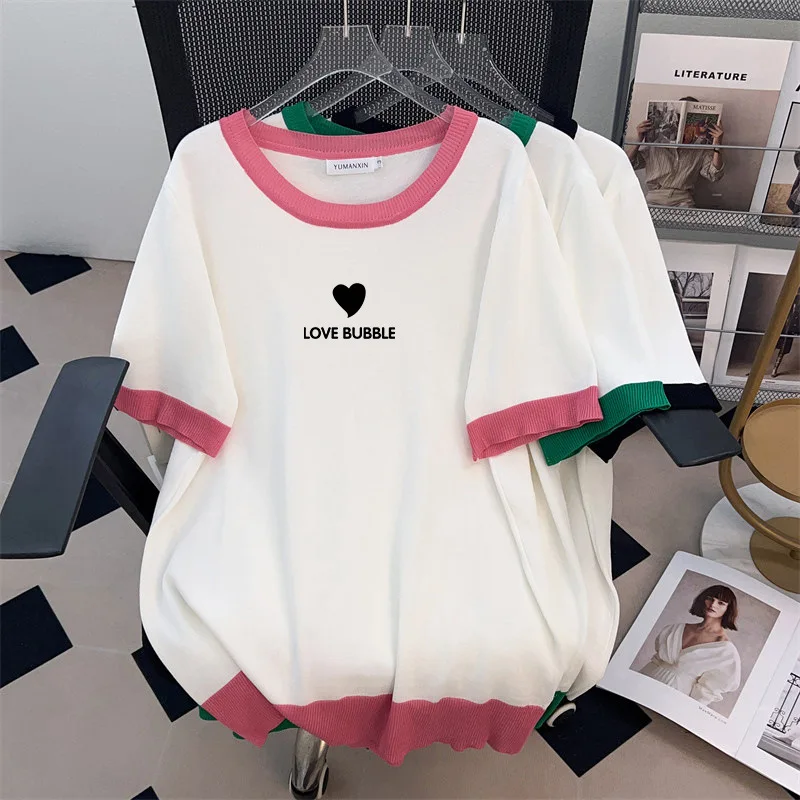 170Kg Plus Size Women's Bust 160 Summer Loose Ice Silk Knitted Top Short Sleeve O-Neck contrasting T-Shirt 5XL 6XL 7XL 8XL 9XL