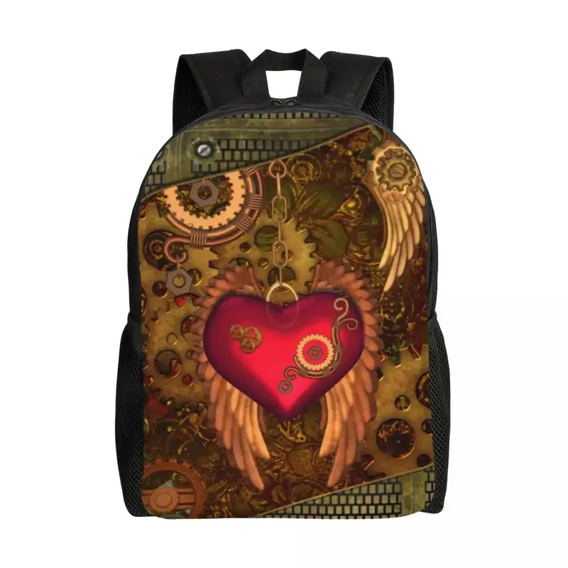 Mochilas con estampado 3D de corazón Steampunk con alas para ordenador portátil, morrales de Metal con engranajes mecánicos, mochilas escolares universitarias, bolsa de libros para computadora portátil de 15 pulgadas