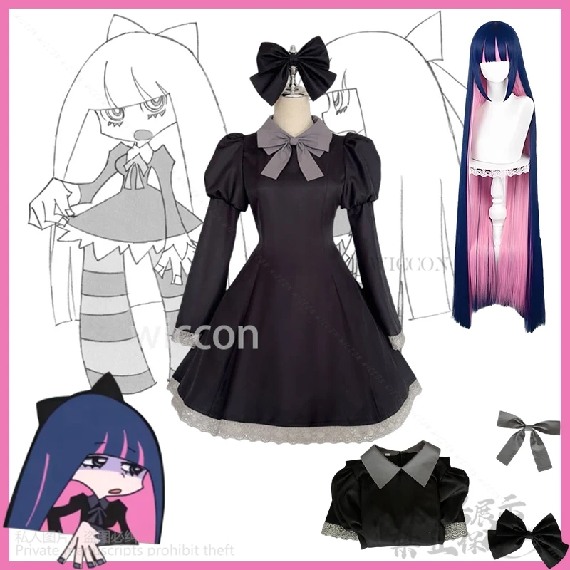 

Anime Panty & Stocking With Garterbelt Cosplay Stocking Anarchy Costume Black Goth Dress Jirai Kei Lolita Long Wigs Customized
