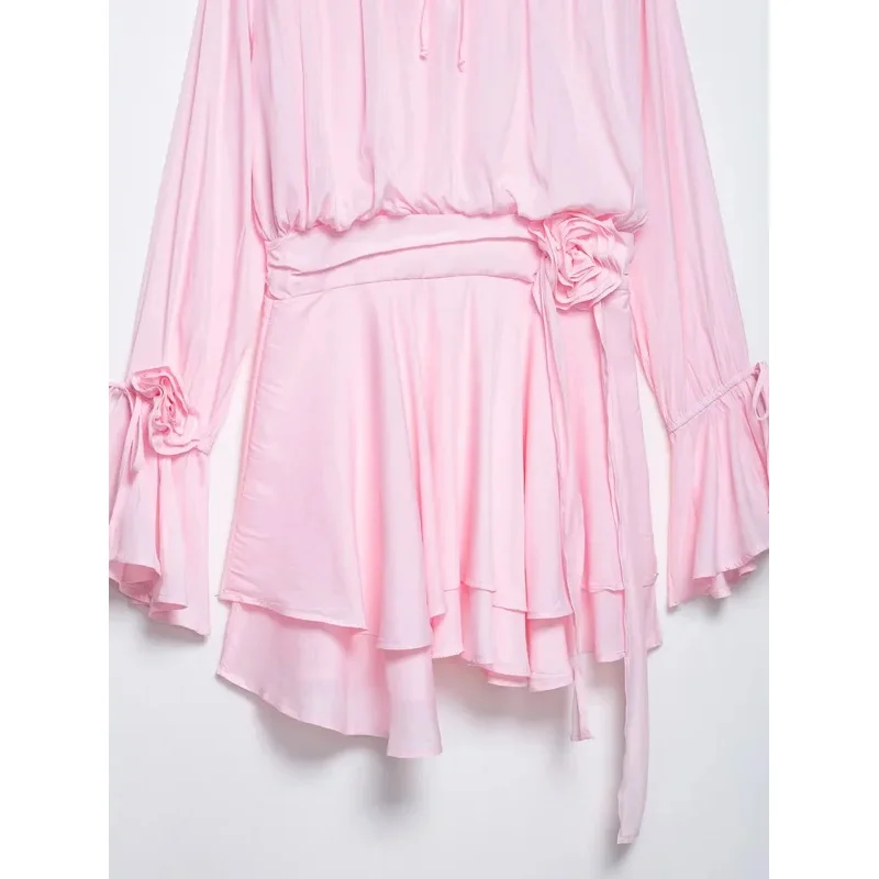 우아한 3D 꽃 프릴 미니 드레스 여성 플레어 긴 소매 레이스 업 핑크 a 라인 스커트 여름 패션 숙녀 드레스