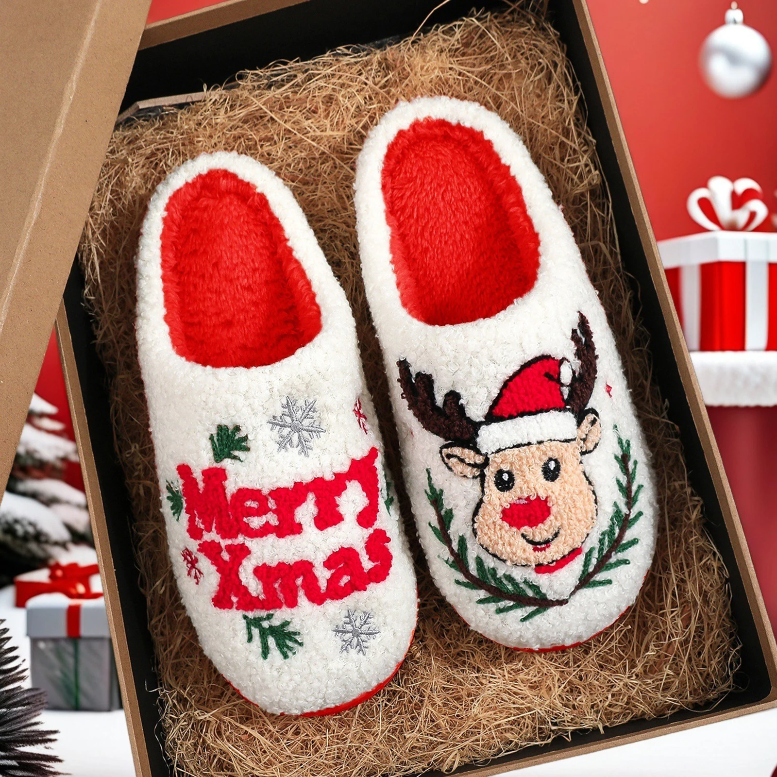 شبشب قطني على شكل غزال عيد الميلاد غير قابل للانزلاق أحذية منزلية لطيفة دافئة غامضة دافئة كرتونية مسطحة للشتاء هدية غير رسمية للعائلة والأصدقاء