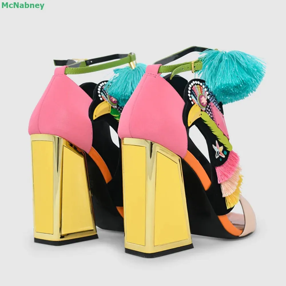 Multi-element Composition Colorful Sandals Chinese Style Design  Peep Toe Square Heel Ankle Buckle Strap Fashion Women Shoes