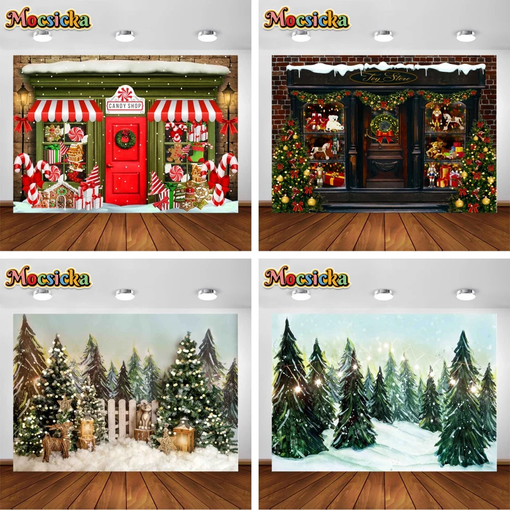 

Christmas Backdrop Xmas Tree Gift Decoration Green Door Snow Photography Background Family Portrait Photoshoot Photo Prop Studio